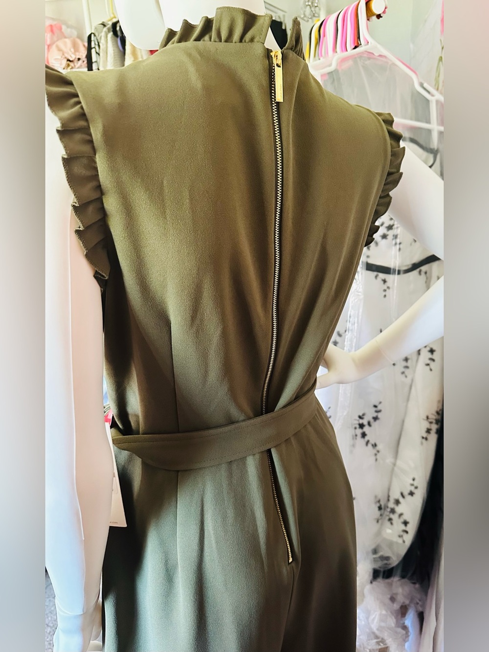 Calvin Klein Olive Green Ruffle Wide Leg Belted Jumpsuit - Picture 8 of 11